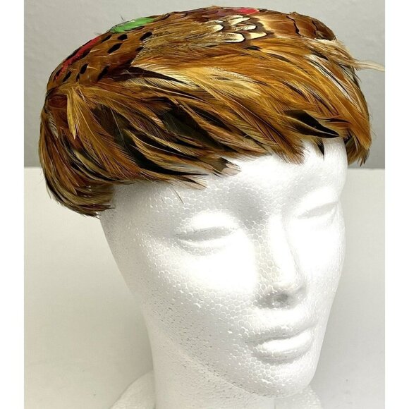 VTG Womens Genuine PHEASANT FEATHER Mid-Century Fascinator PILLBOX HAT EUC - Picture 2 of 6